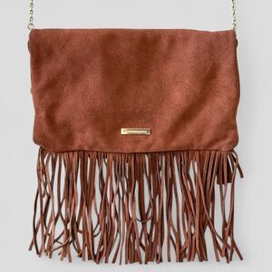 BCBGMAXAZARIA Crossbody Bag Brown Suede w/ Fringes Gold Chain Strap Purse